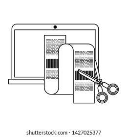 Laptop and scissors cutting bills isolated vector illustration graphic design