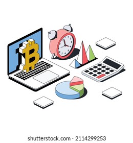 Laptop screen bitcoin, charts, calculator, clock. Vector 3d sketch line isometric style, color icon illustration. Creative design idea and infographics elements.
