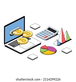 Laptop screen bitcoin coins, calculator and charts. Vector 3d sketch line isometric style, color icon illustration. Creative design idea and infographics elements.