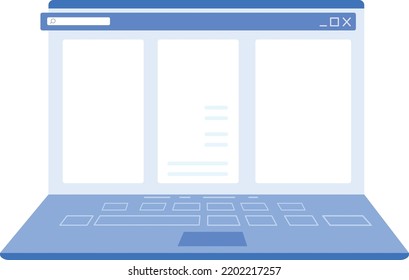 Laptop screen with blank window frame. Computer app template isolated on white background