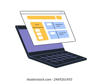 Laptop screen. Browsing internet, web-site. Online content, website interface design, digital data. Surfing virtual network, webpage menu. Flat vector illustration isolated on white background