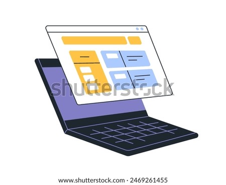 Laptop screen. Browsing internet, web-site. Online content, website interface design, digital data. Surfing virtual network, webpage menu. Flat vector illustration isolated on white background