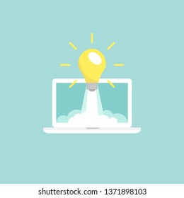laptop screen with bulb flying out. workplace on blue background. freelancer, designer, writer job. Vector flat illustration. Creative,  ideas, work or study. Imagination, inspiration, Fantasy. 