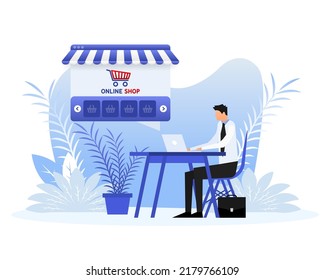 Laptop With And Screen Buy. Flat Style Characters. Concept Online Shopping