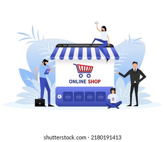 Laptop with and screen buy. Flat style characters. Concept online shopping
