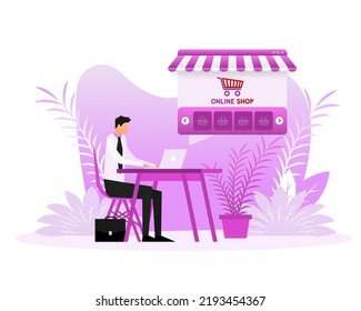 Laptop with and screen buy. Flat style characters. Concept online shopping
