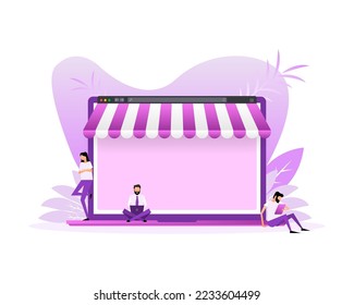 Laptop with and screen buy. Flat style characters. Concept online shopping