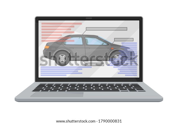 Laptop Screen with Car Design Draft as Auto\
Production Process Vector\
Illustration