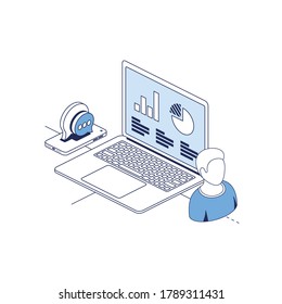 La pantalla del portátil muestra el chat de usuarios y burbujas móviles. Vector 3d línea isométrica, color de iconos web conjunto, nuevo estilo plano. Ilustración creativa, idea para infografías.