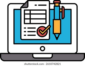 A laptop screen with a check mark on a piece of paper and a pen. Concept of completing a task or checking something off a list. Scene is focused and determined