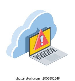 Laptop screen, cloud server, Exclamation mark danger. Vector 3d symbol, isometric, color web icons, new flat style. Creative design idea, concept for infographics.