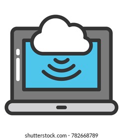 A laptop screen with cloud and signals flat vector icon