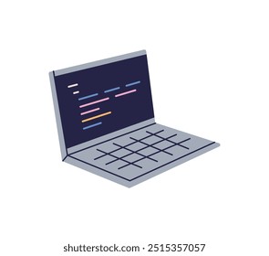 Tela de notebook com código, script, engenharia de software, tela digital, exibição de programador e tela de codificador, códigos, scripts, tecnologia da informação, análise de conteúdo ilustração de vetor plana.