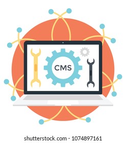 
A laptop screen with cogwheel and spanner representing content management
