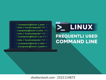 tela de laptop com linha de comando mais frequentemente usada no conceito de sistema operacional linux com laptop linha de comando programação linguagem código conceito vetor ilustração eps