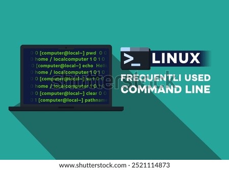 laptop screen with command line most frequently used in linux operating system concept with laptop command line programming language code program concept vector illustration eps