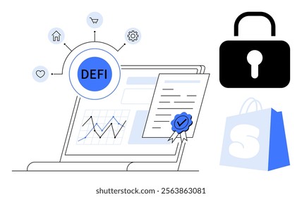 Laptop screen with DeFi text, connected icons, certificate, lock, and shopping bag. Ideal for finance, technology, security, e-commerce, blockchain. Minimalist, modern vector style