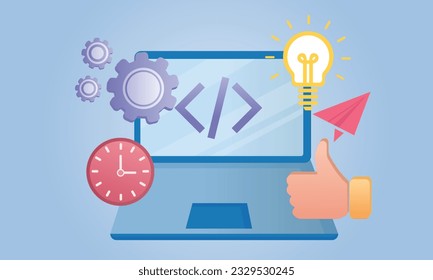 Laptop. Screen device mockup blank monitor. Creative concept idea on blue background.Vector Design Illustration.