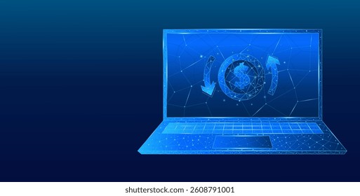 Laptop screen with digital currency with circular dollar refund arrows. 3D money in a light blue futuristic style on the laptop screen and a growth chart