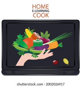 Laptop screen - Dish with vegetables in the palm of a female hand - vector. Online courses on cooking. Home kitchen.