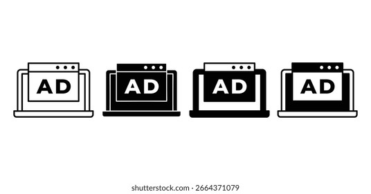 Pantalla del ordenador portátil que muestra el fondo blanco aislado del Vector de las Ilustraciones blancas y negras del sistema del icono del ANUNCIO
