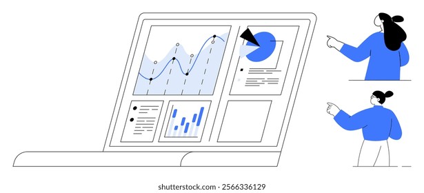 A laptop screen displaying charts and graphs is viewed by two people. Ideal for data analysis, business presentations, teamwork, digital marketing, and statistical reporting. Simple line art