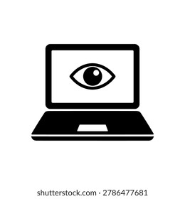 Laptop screen displaying an eye symbol, representing concepts like digital surveillance, cybersecurity challenges, personal data tracking, privacy invasion, and online monitoring