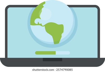 Laptop screen displaying a globe highlighting the Americas with a partially filled progress bar below. Global connectivity, progress.