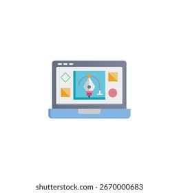 Laptop screen displaying graphic design software isolated on white background A laptop displays graphic design software with shapes, pen tool, and color options. It represents digital art