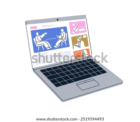 Laptop screen displaying online video interview, streaming content on digital platform. Internet web-site interface on notebok computer. Flat vector illustration isolated on white background