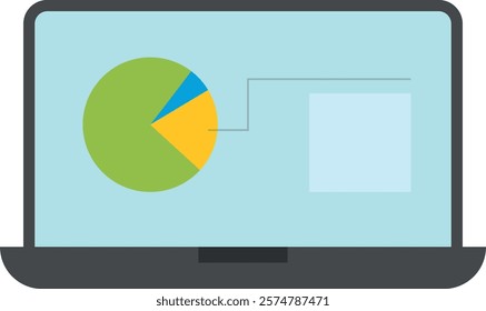 Laptop screen displaying a pie chart with four colored sections (green, yellow, blue, orange) connected to a square. Data visualization, statistics.