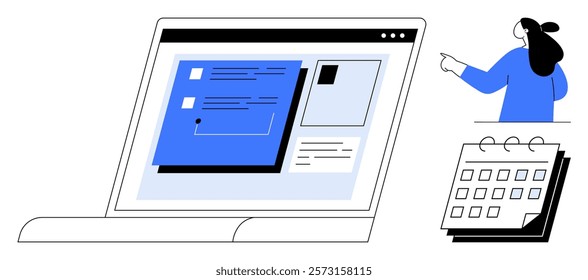 Laptop screen displaying a project management app with calendar and a person pointing. Ideal for productivity, teamwork, time management, planning, scheduling