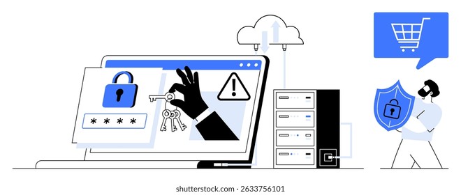 Laptop screen displaying security symbols including a lock, keys, and warning sign, cloud with lock, shield with padlock. Ideal for cybersecurity, data protection, online safety, encryption, safe