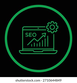 Uma tela de laptop que exibe um gráfico relacionado a SEO (lupa, engrenagens e gráfico). Este ícone representa especificamente a otimização de marketing digital, SEO on-page ou trabalho analítico em um computador.