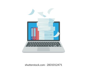 laptop screen displaying stack of paper documents and office binders