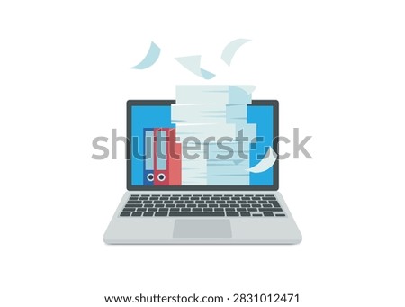 laptop screen displaying stack of paper documents and office binders
