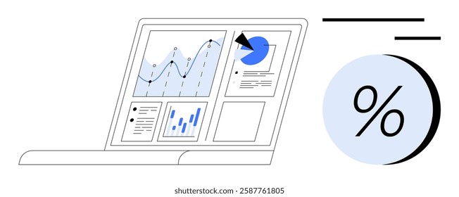 Laptop screen displaying various financial charts and data analytics with a large percentage symbol. Ideal for financial reports, data analysis, business strategy, market research, economic studies