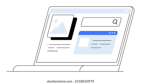 Tela de notebook exibindo um site com uma barra de pesquisa, imagem e janelas de conteúdo de texto. Ideal para tecnologia, web design, pesquisa on-line, conteúdo digital, interface do usuário. Simples, limpo, vetor.