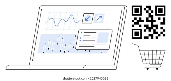Uma tela de laptop exibe gráficos e análises, acompanhados por um código QR e um ícone de carrinho de compras. Ideal para comércio eletrônico, análise de dados, compras on-line, business intelligence e pagamentos móveis