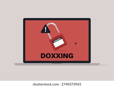 A laptop screen displays a bold warning about doxxing, featuring a red background with a padlock icon, This serves as a stark reminder of the risks associated with online privacy violations