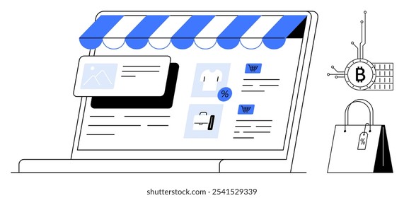 A laptop screen displays an e-commerce site with various product listings and a shopping cart. An icon representing Bitcoin payment and a shopping bag graphic are visible. Ideal for online shopping