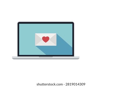 Laptop screen displays an envelope with a red heart, symbolizing love email, online dating messages, e-cards and digital communication. Flat vector style with long shadow, ideal for web and app design