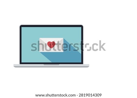 Laptop screen displays an envelope with a red heart, symbolizing love email, online dating messages, e-cards and digital communication. Flat vector style with long shadow, ideal for web and app design