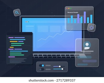 Una pantalla de la computadora portátil muestra un gráfico que muestra las tendencias de datos junto con gráficos y fragmentos de código. La configuración enfatiza el análisis de datos y las métricas de rendimiento para los usuarios.