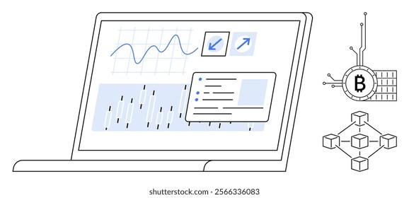 A laptop screen displays graphs and charts alongside a blockchain and Bitcoin icon, representing data analysis and blockchain technology. Ideal for themes of cryptocurrency, blockchain, financial