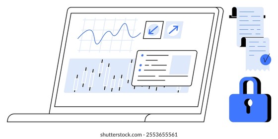 A laptop screen displays graphs, data analysis, and an arrow indicating growth. Nearby documents and a blue padlock signify security. Ideal for data analysis, cybersecurity, digital security, tech