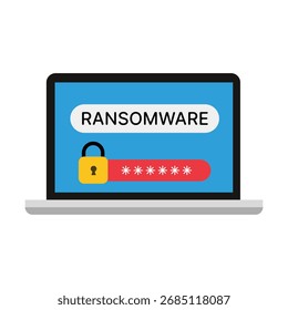 La pantalla del portátil muestra un ícono de candado y una barra de Contraseña roja para el ataque de ransomware.