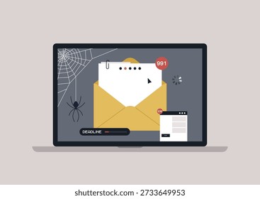 A laptop screen displays a tangled web, a sign of neglect, with unread messages piling up and a looming deadline, The unsettling presence of a spider adds to the feeling of anxiety.