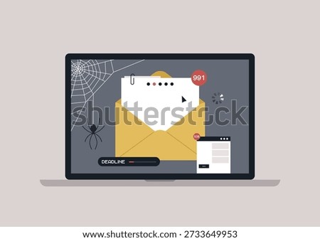 A laptop screen displays a tangled web, a sign of neglect, with unread messages piling up and a looming deadline, The unsettling presence of a spider adds to the feeling of anxiety.