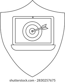 A laptop screen displays a target with an arrow hitting the bullseye, all within a shield shape, symbolizing cybersecurity and achieving goals.